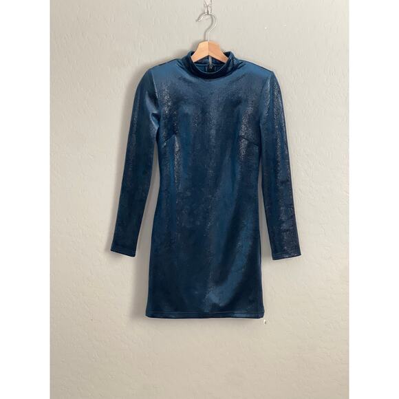 TopShop Teal Mock Neck Wet Look Velvet Long Sleeve Dress - 2 - Picture 4 of 8